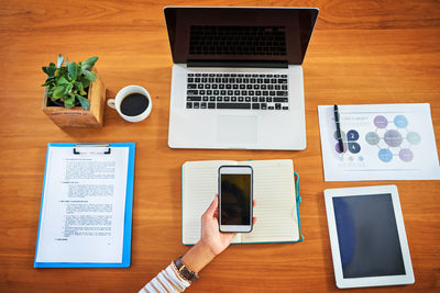 High angle view of objects on table