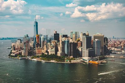 City skyline with sea in background