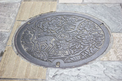 High angle view of coins on metal