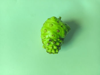 Close-up of fresh green fruit against white background