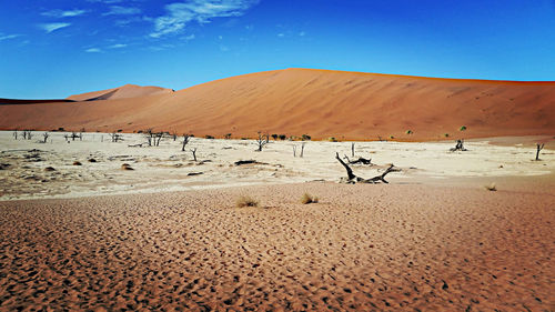 Sand dunes in desert against blue sky