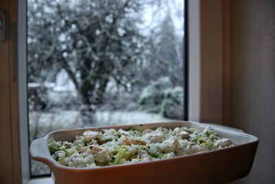 Close-up of food served on table at home