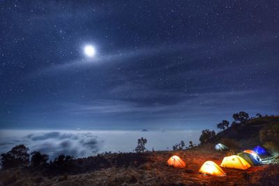 Illuminated tents on mountains against star field at night