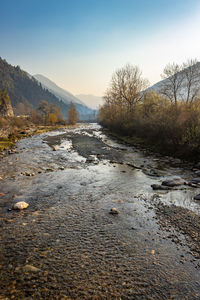 River flowing through misty mountain valley covered with dense forests at dawn from flat angle