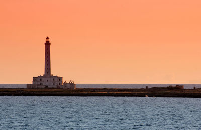 Lighthouse at seaside during sunset