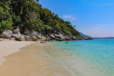 Scenic view of beach against blue sky