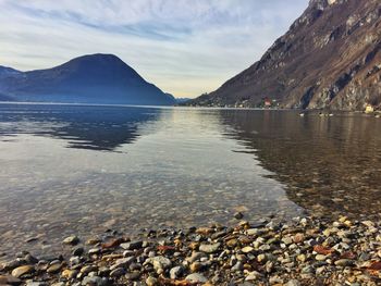 Scenic view of lake and mountains against sky