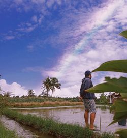 Rear view of man standing by trees against sky