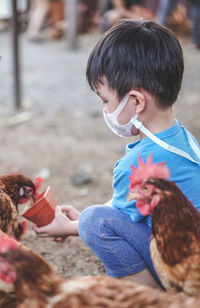 Side view of boy feeding bird