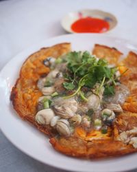 High angle view of food in plate on table