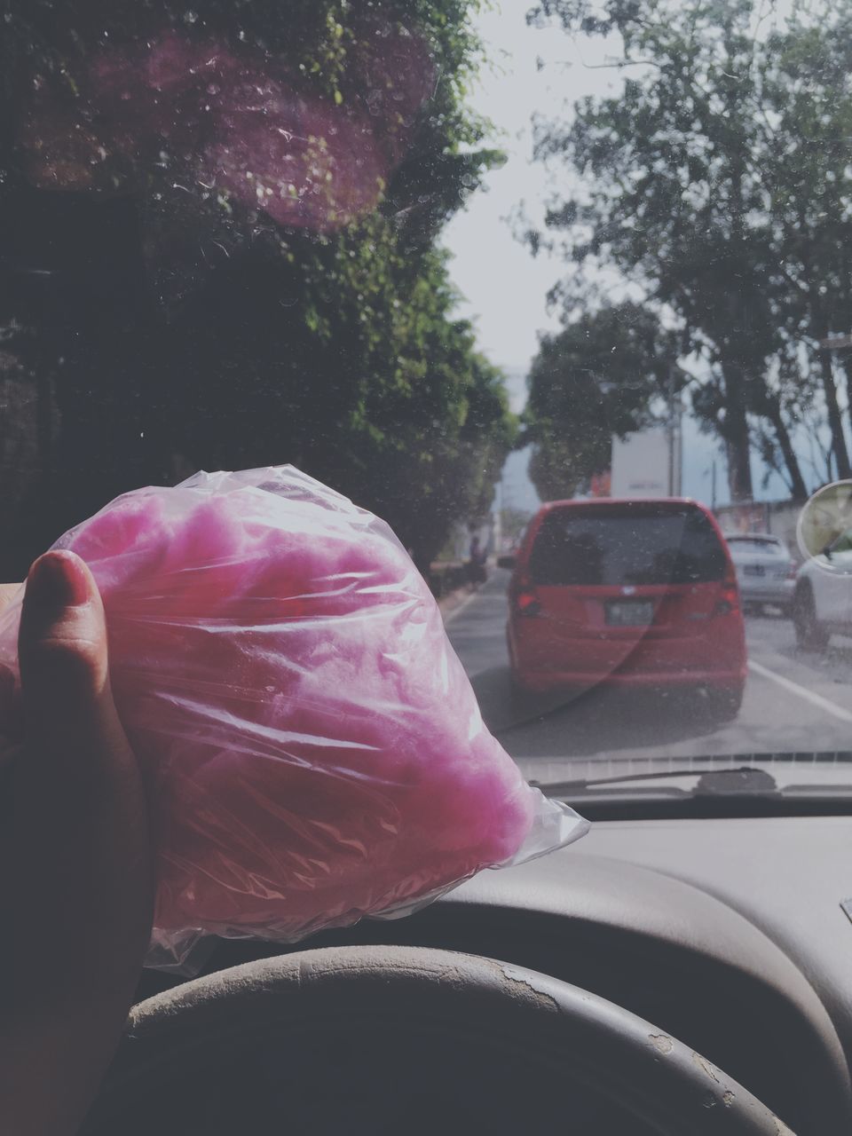 transportation, car, mode of transport, part of, land vehicle, cropped, tree, pink color, glass - material, vehicle interior, close-up, person, transparent, travel, personal perspective, day, car interior