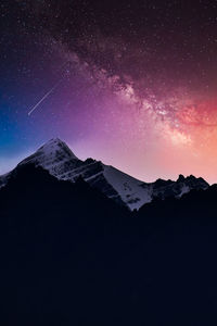 Scenic view of snowcapped mountains against sky at night