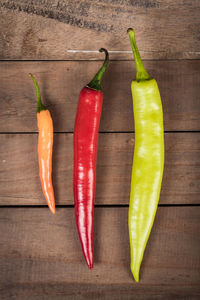 High angle view of chili peppers on table