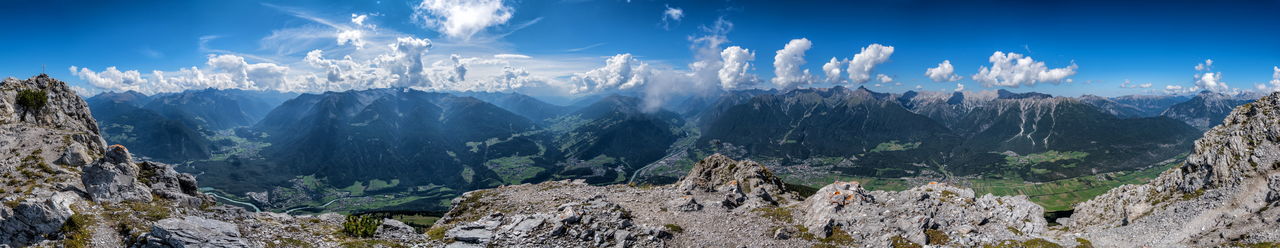 Panoramic view of landscape and mountains against sky