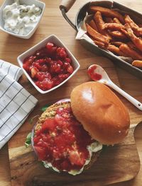 High angle view of breakfast on table