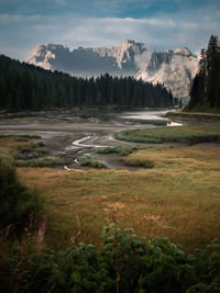 Scenic view of misurina lake against sky