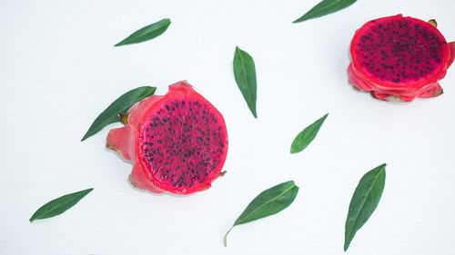 Directly above shot of red fruits and leaves on table