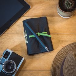 High angle view of mobile phone on table