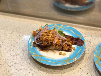 High angle view of food in plate