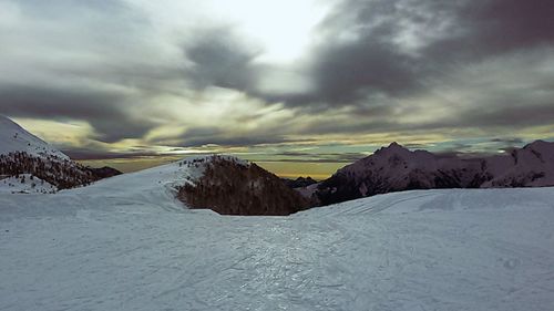 Scenic view of snowcapped mountains against sky