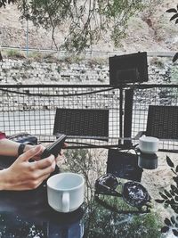 Man using smart phone by plants at the table 