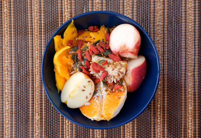 High angle view of breakfast served on table