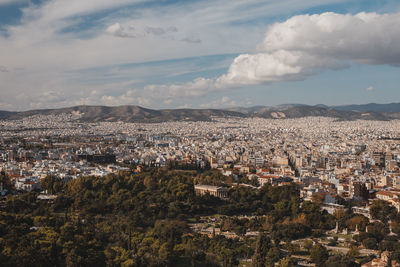 High angle shot of townscape against sky