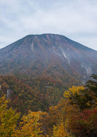 Scenic view of trees by mountain against cloudy sky