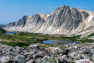 Scenic view of lake and mountains against sky