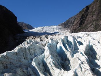 Scenic view of snowcapped mountains against clear blue sky