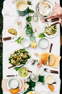 High angle view of breakfast served on table