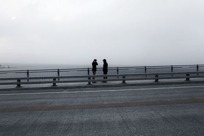 Men standing on railing by sea against clear sky