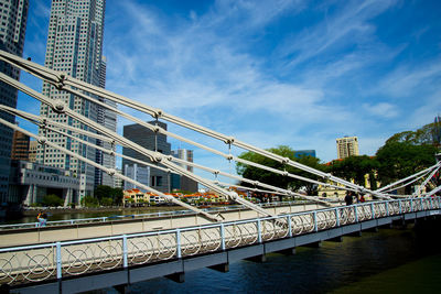 Bridge over river by buildings against sky