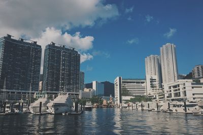 Buildings by city against sky