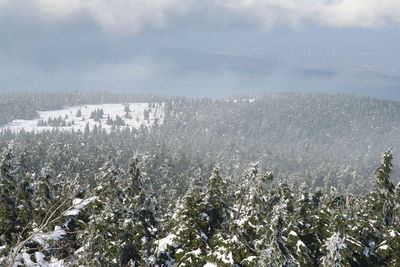 Scenic view of snow covered land against sky