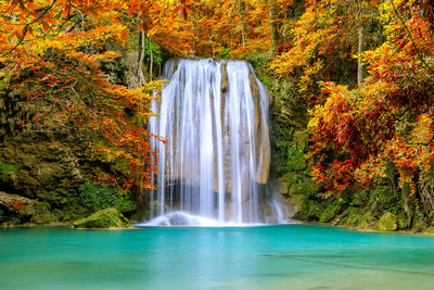 Scenic view of waterfall in forest during autumn