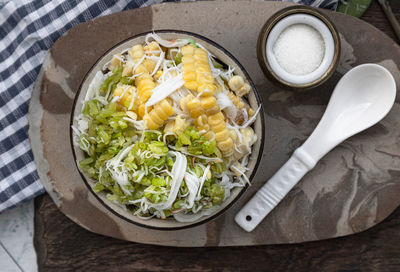 High angle view of food in plate on table