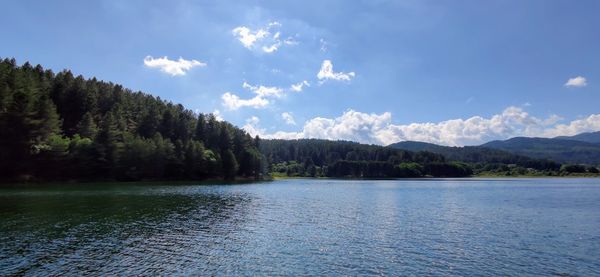 Scenic view of lake and mountains against sky
