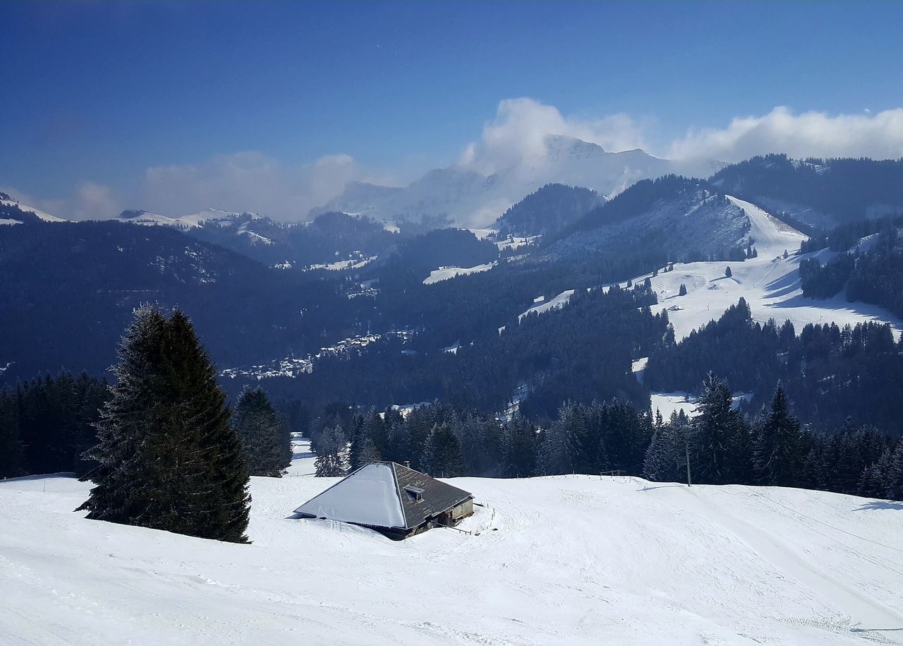 snow, winter, cold temperature, mountain, nature, scenics, beauty in nature, tranquility, weather, tranquil scene, landscape, sky, built structure, outdoors, no people, building exterior, frozen, architecture, mountain range, tree, day