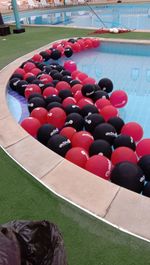 High angle view of people relaxing on soccer field