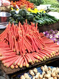 High angle view of vegetables for sale at market stall