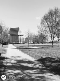 Road by bare trees and buildings against sky