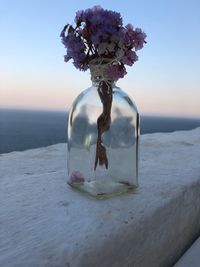 Close-up of rose on table against sea during sunset