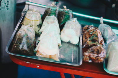 High angle view of meat in container