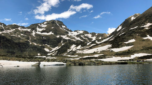 Scenic view of lake by snowcapped mountains against sky