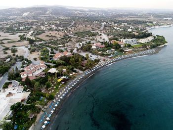 High angle view of buildings along the coastline in limassol