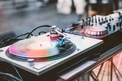 Close-up of record playing on turntable