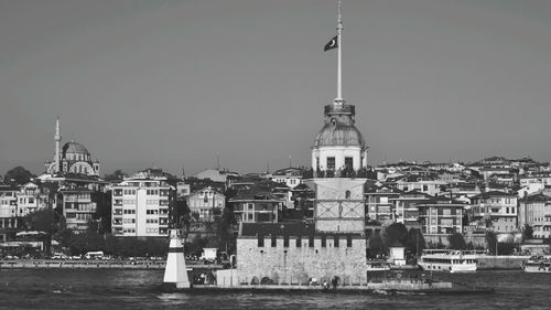 View of buildings in city against clear sky