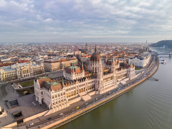 Hungarian parliament building in budapest cityscape a bird's eye view from a drone point