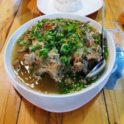 High angle view of soup in bowl on table